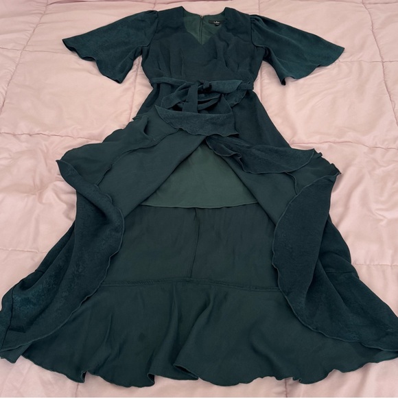 Lulus Wrapped Up in Love dark green faux wrap belted lined midi Dress, size XXS - Picture 8 of 16
